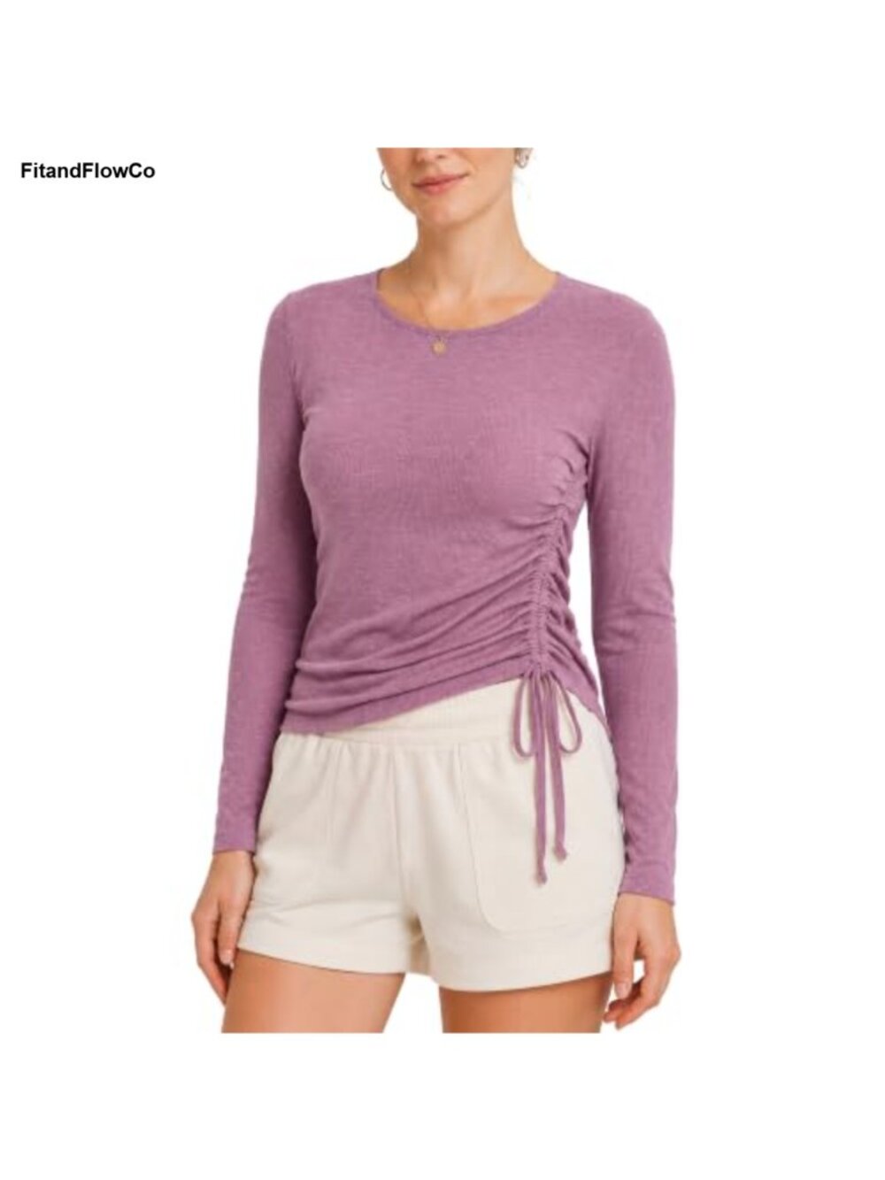 Ruched Side Drawstring Long Sleeve Yoga Crop Top Fitted Rib Knit